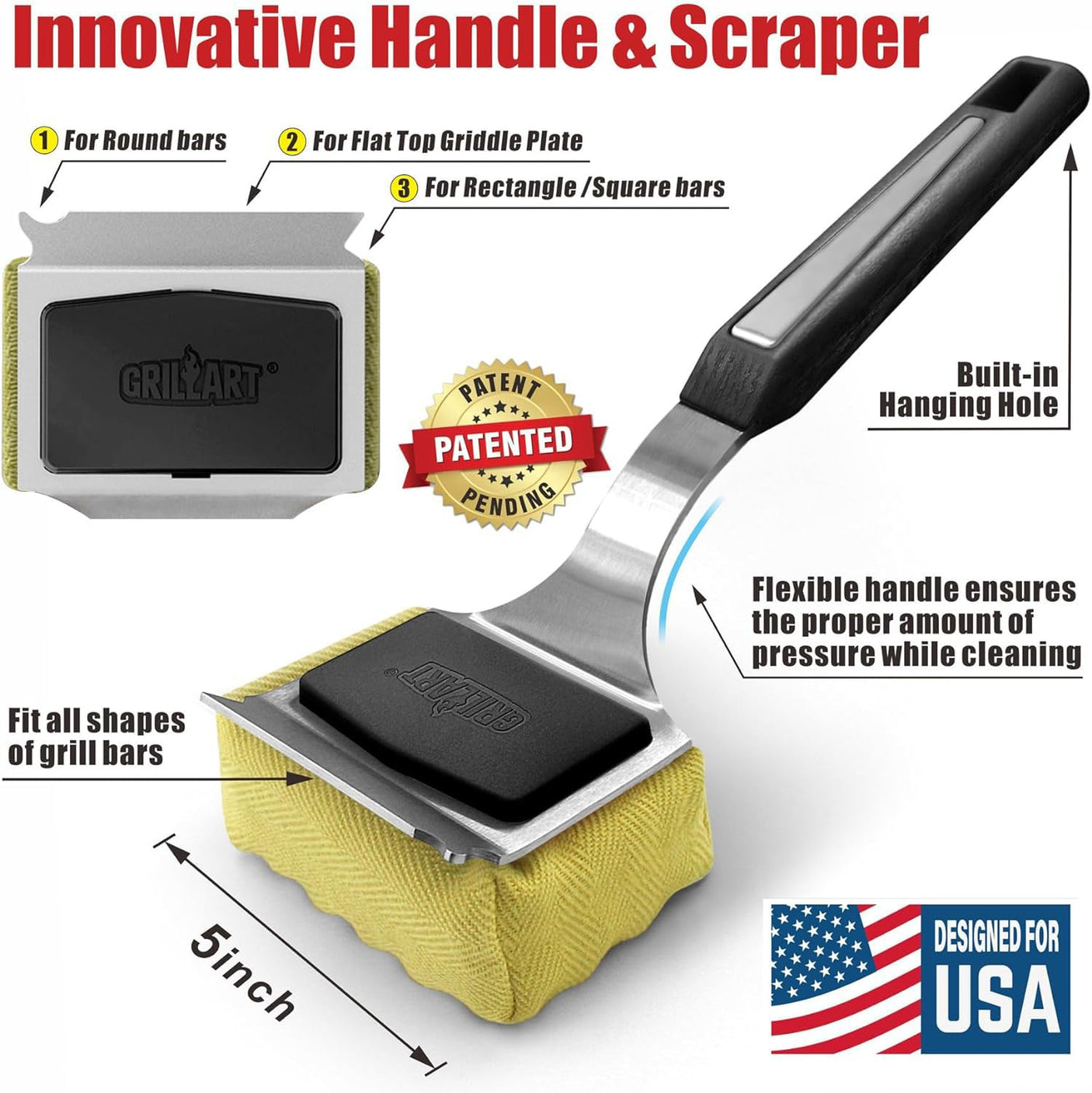 GRILLART Grill Brush Bristle Free. SteamWizards BBQ Replaceable Cleaning Head, Unique Seamless-Fit Scraper Tool for Cast Iron/Stainless-Steel Grates, Safe Barbecue Grill Cleaner-Red