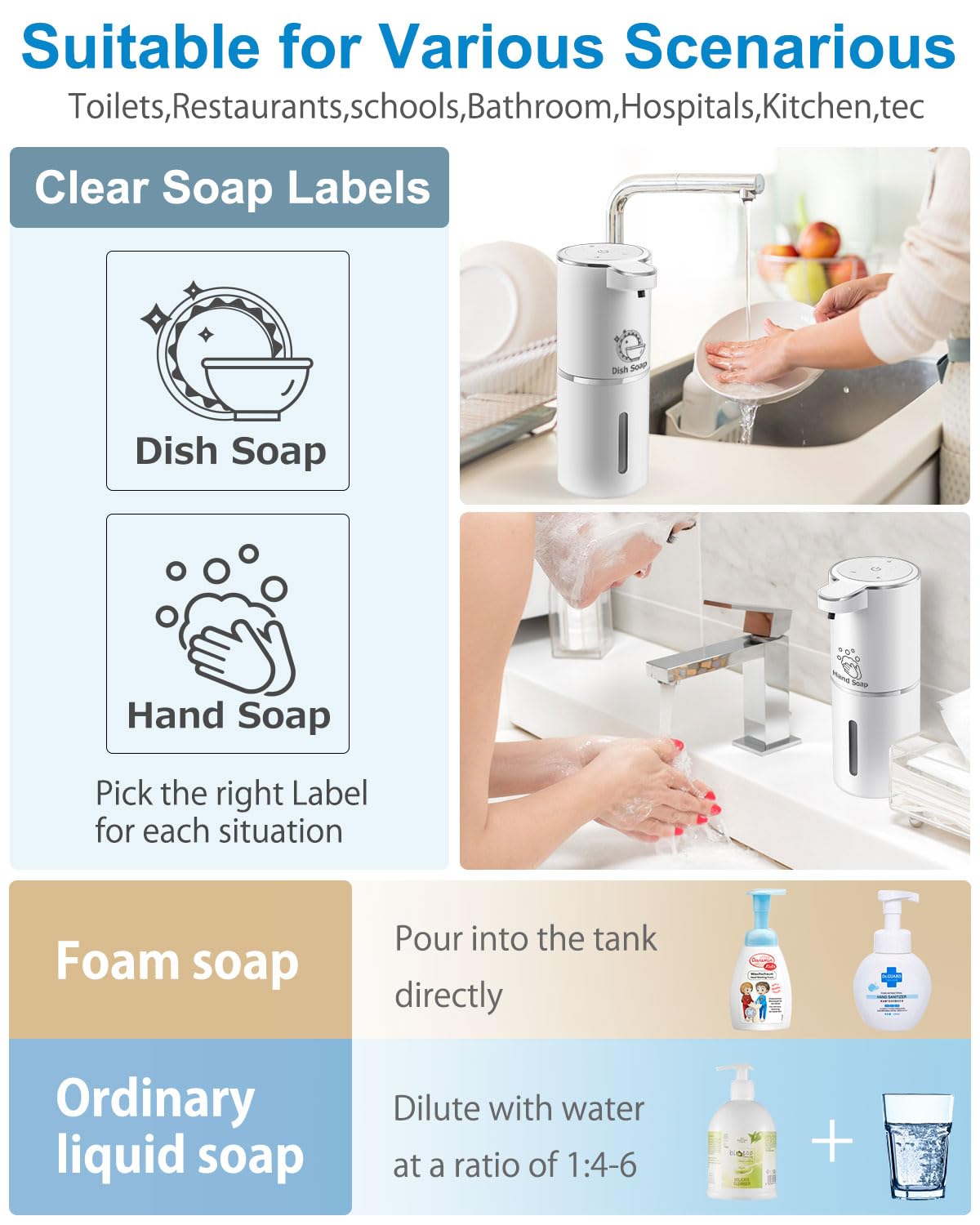 Automatic Foaming Soap Dispenser,4-Level Adjustable Foam, Wall Mount, USB Rechargeable,12.8oz/ 380ml,Touchless Hand & Dish Soap Dispenser for Bathroom, Kitchen,Hotel, Restaurant