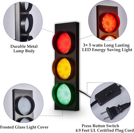Traffic Light Wall Lamp Remote Control Retro Kids Bedroom Stop Light, Plug in Industrial LED Wall Sconce, 18.5’’ Vintage Fun Signal Lights for Home Office Bar Garage Car Room Decor Christmas