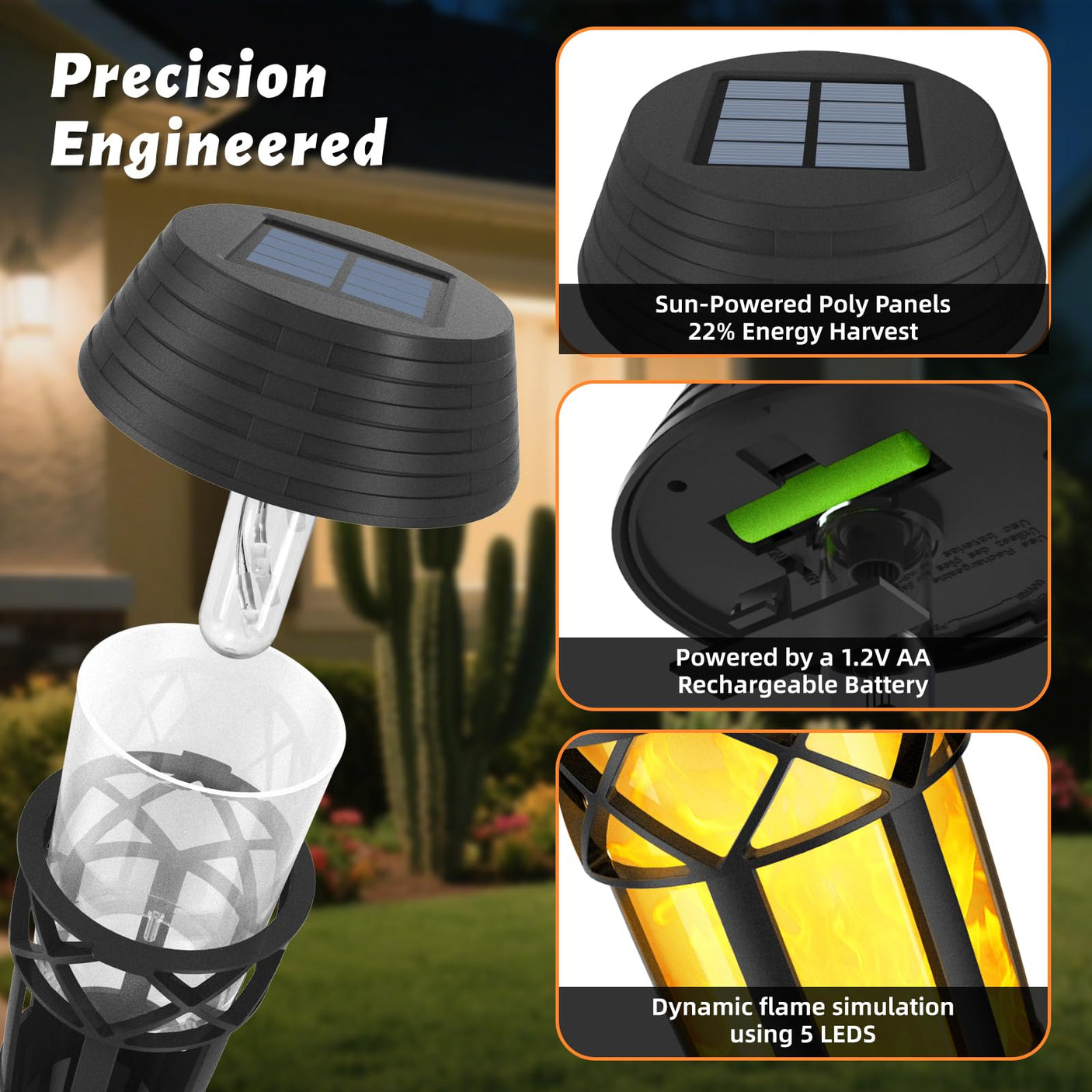 Flickering Flames Solar Powered Lights - Upgraded Solar Torches Waterproof Outdoor Decorative Lighting Auto On/Off, Handmade Bamboo Finish, 2-Pack