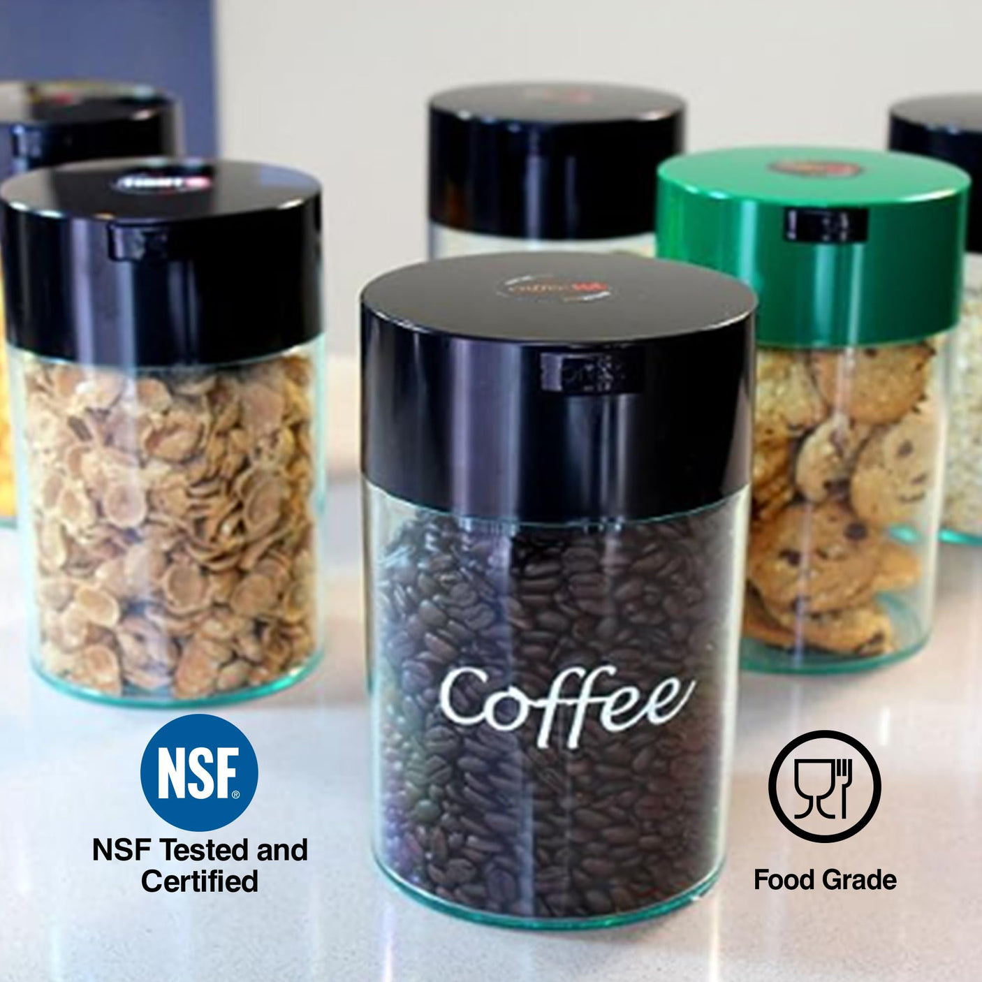 1LB Patented Airtight Multi-use Vacuum Works as Smell Proof Ground Coffee Bean Containers. Black Cap and Body, 1.85-Liter/1.6-Quart