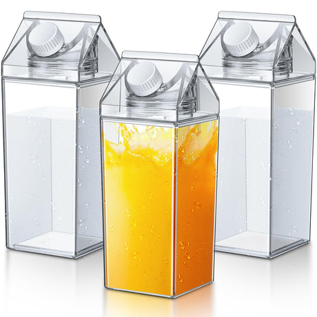 Remerry 3 Pcs Milk Carton Water Bottle Square Plastic Coffee Portable Reusable Milk Carton Cup Leakproof Juice Bottle