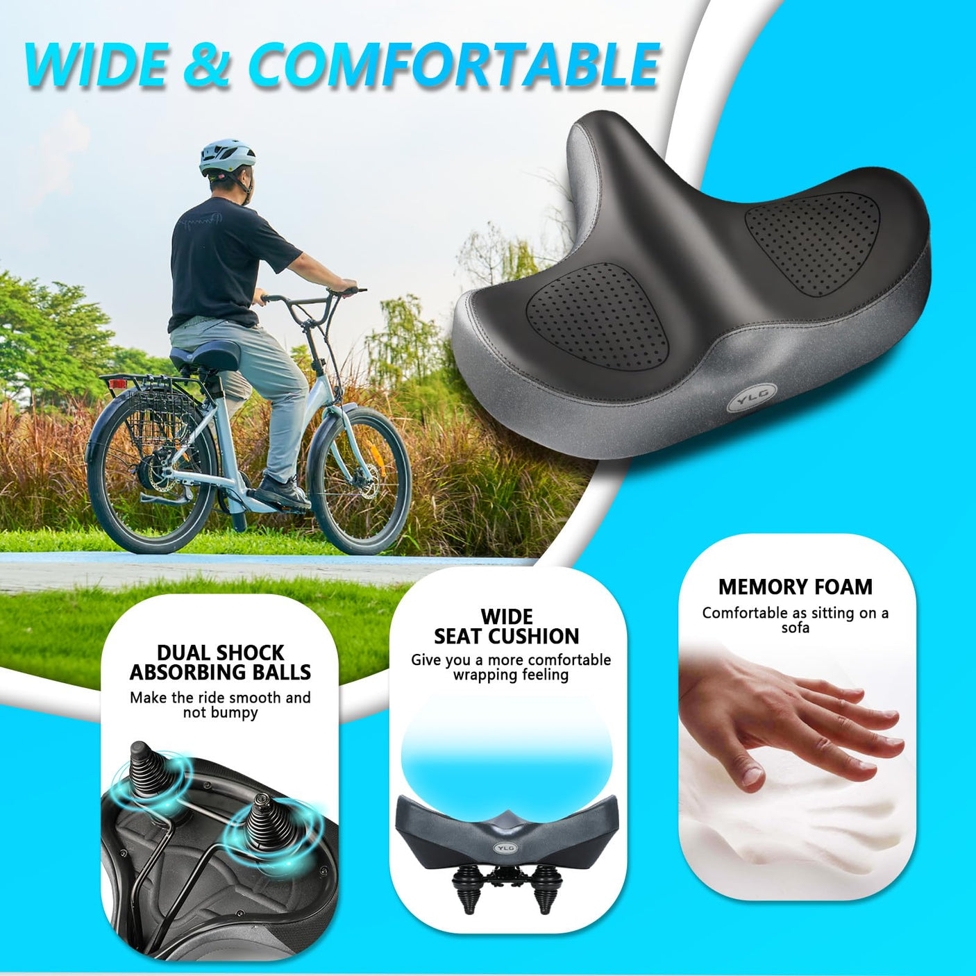 YLG Oversized Comfort Bike Seat Comfortable Replacement Bike Saddle Memory Foam Soft Bike Saddle Waterproof Universal Fit Bicycle Seat for Women Men