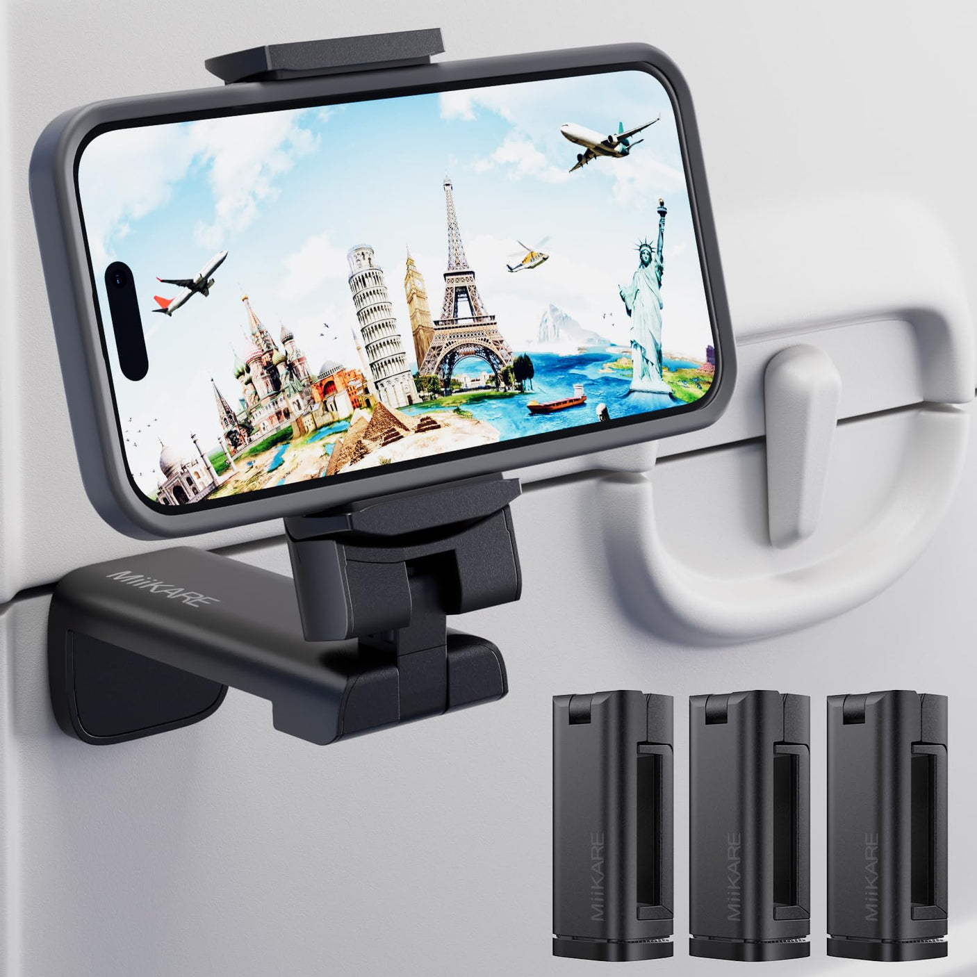 MiiKARE Airplane Travel Essentials Phone Holder, Universal Handsfree Phone Mount for Flying with 360 Degree Rotation, Accessory for Airplane, Travel Must Haves Phone Stand for Desk, Tray Table