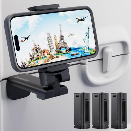 MiiKARE Airplane Travel Essentials Phone Holder, Universal Handsfree Phone Mount for Flying with 360 Degree Rotation, Accessory for Airplane, Travel Must Haves Phone Stand for Desk, Tray Table