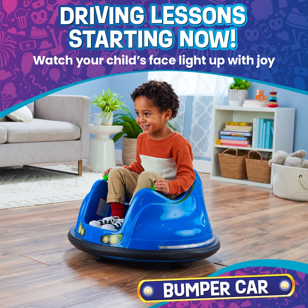 Flybar 6V Blue Glow Bumper Car for Kids – LED Ride-On Toy with 360° Spin, Rechargeable Battery, and Soft Rubber Bumpers – Safe Indoor Fun for Toddlers Ages 1.5+, Up to 66 lbs