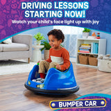 Flybar 6V Blue Glow Bumper Car for Kids – LED Ride-On Toy with 360° Spin, Rechargeable Battery, and Soft Rubber Bumpers – Safe Indoor Fun for Toddlers Ages 1.5+, Up to 66 lbs