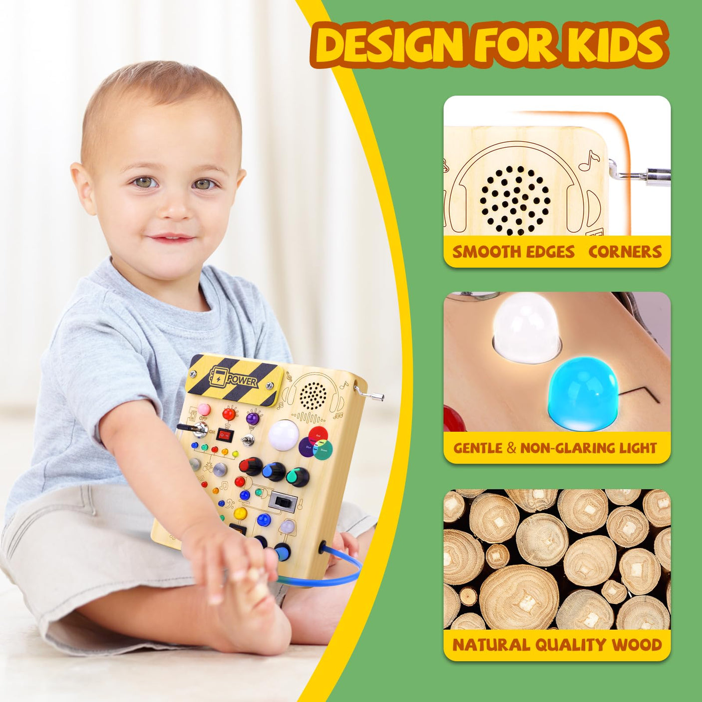 Busy Board, Montessori Toy for 1-3 Years Old, Wooden Toddler Sensory Travel Toy, Ideal Gift for 1+ Year Old Boys (Busy Board Plus V2), Medium, Yellow