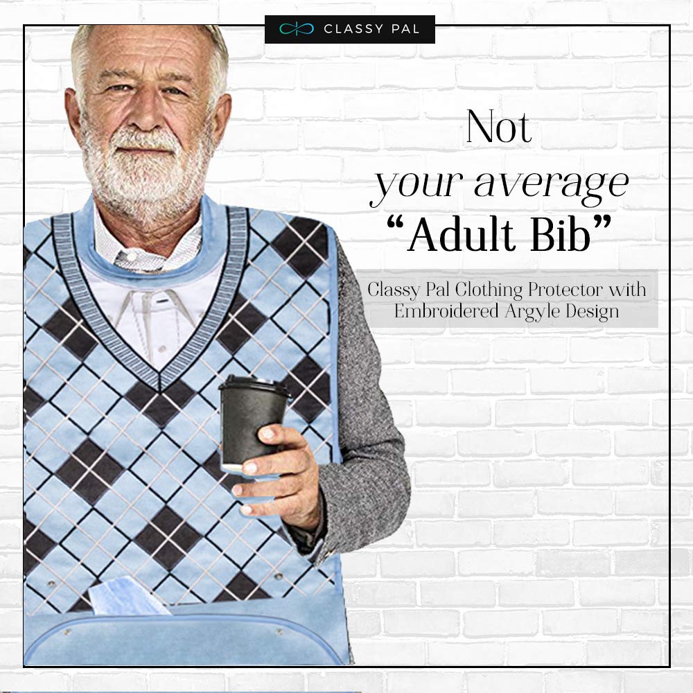 Adult Bibs for Men, Dress ‘n Dine™ Clothing Protectors for Eating, Senior Adult Bib Terry Cloth Crumb Catcher, Embroidered Design, Waterproof, Reusable, Washable (Blue Tie + Tuxedo)