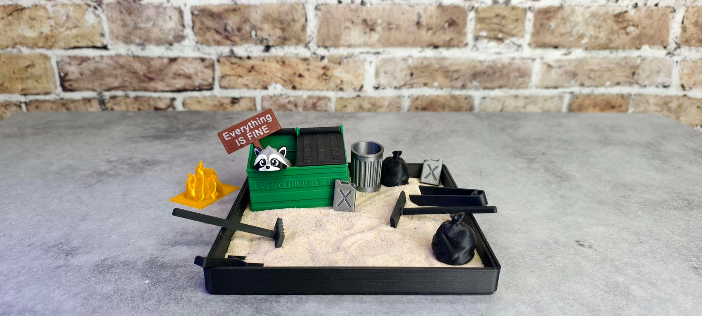 Munnygrubbers - Dumpster Fire Zen Garden - Made in USA - Large 7" x 7" - Fine Sand Included - Desk Accessory Box Garden - Funny Novelty Gift - Fidget Stress Relief