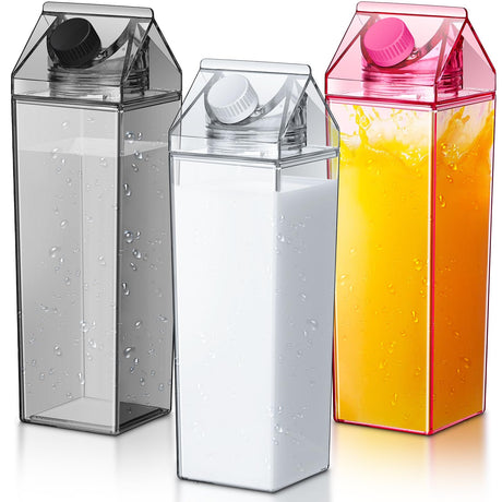 Remerry 3 Pcs Milk Carton Water Bottle Square Plastic Coffee Portable Reusable Milk Carton Cup Leakproof Juice Bottle