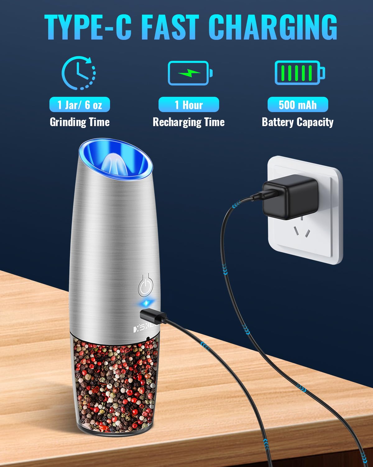 Gravity Electric Pepper and Salt Grinder Set, Salt and Pepper Mill & Adjustable Coarseness, Battery Powered with LED Light, One Hand Automatic Operation, Stainless Steel (Set/Silver)