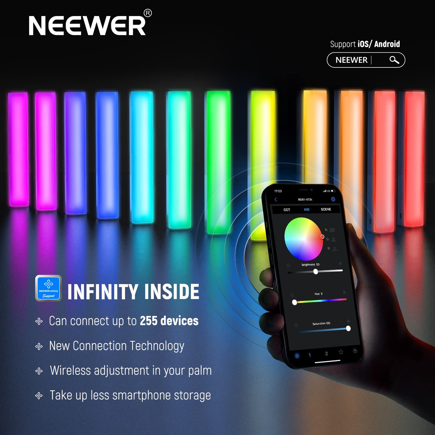 NEEWER RGB LED Video Light Stick, Touch Bar & APP Control, Magnetic Handheld Photography Lighting Wand, Dimmable 3200K~5600K CRI98+ Full Color LED Light with 6400mAh Battery, 17 Scenes, RGB1
