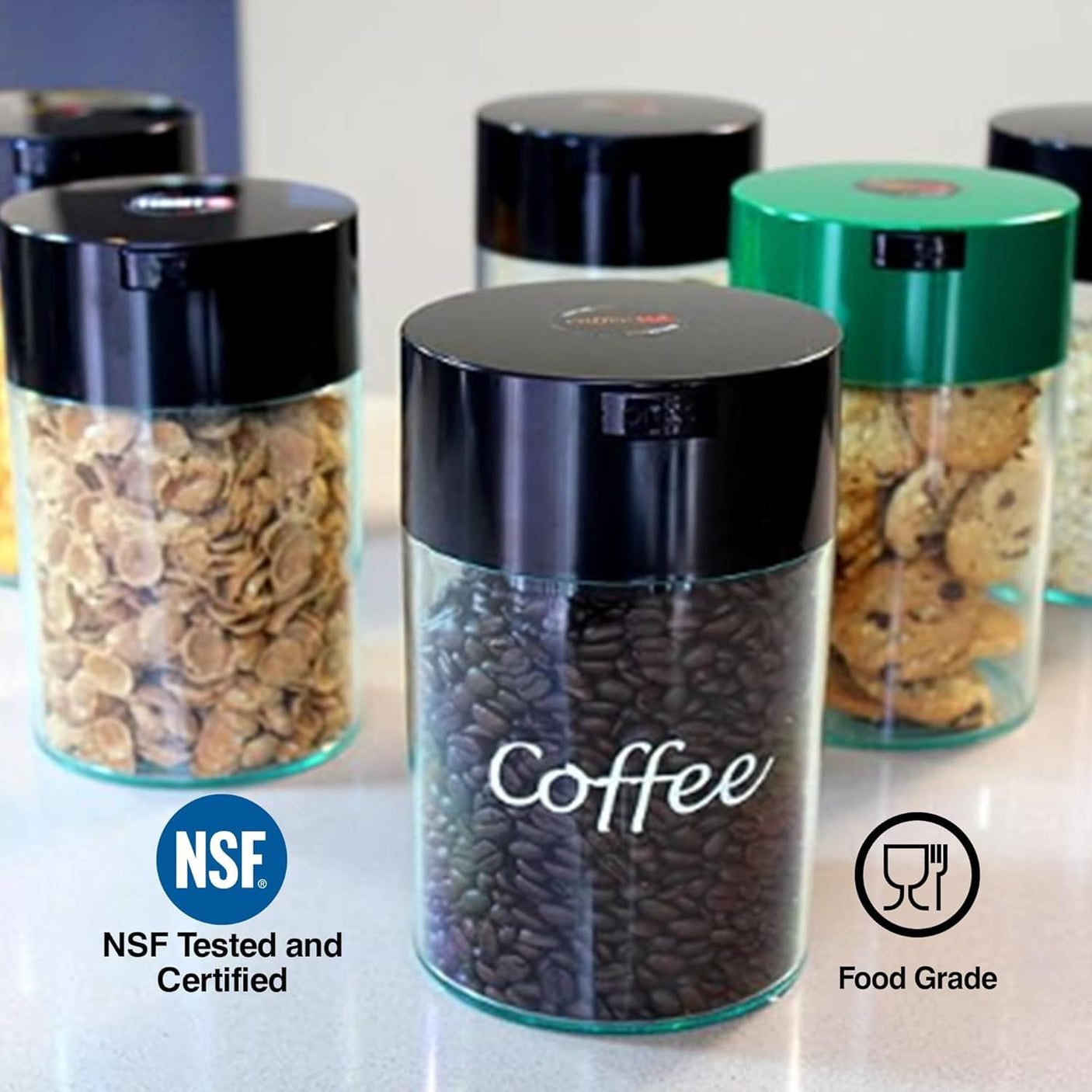 1LB Patented Airtight Multi-use Vacuum Works as Smell Proof Ground Coffee Bean Containers. Black Cap and Body, 1.85-Liter/1.6-Quart