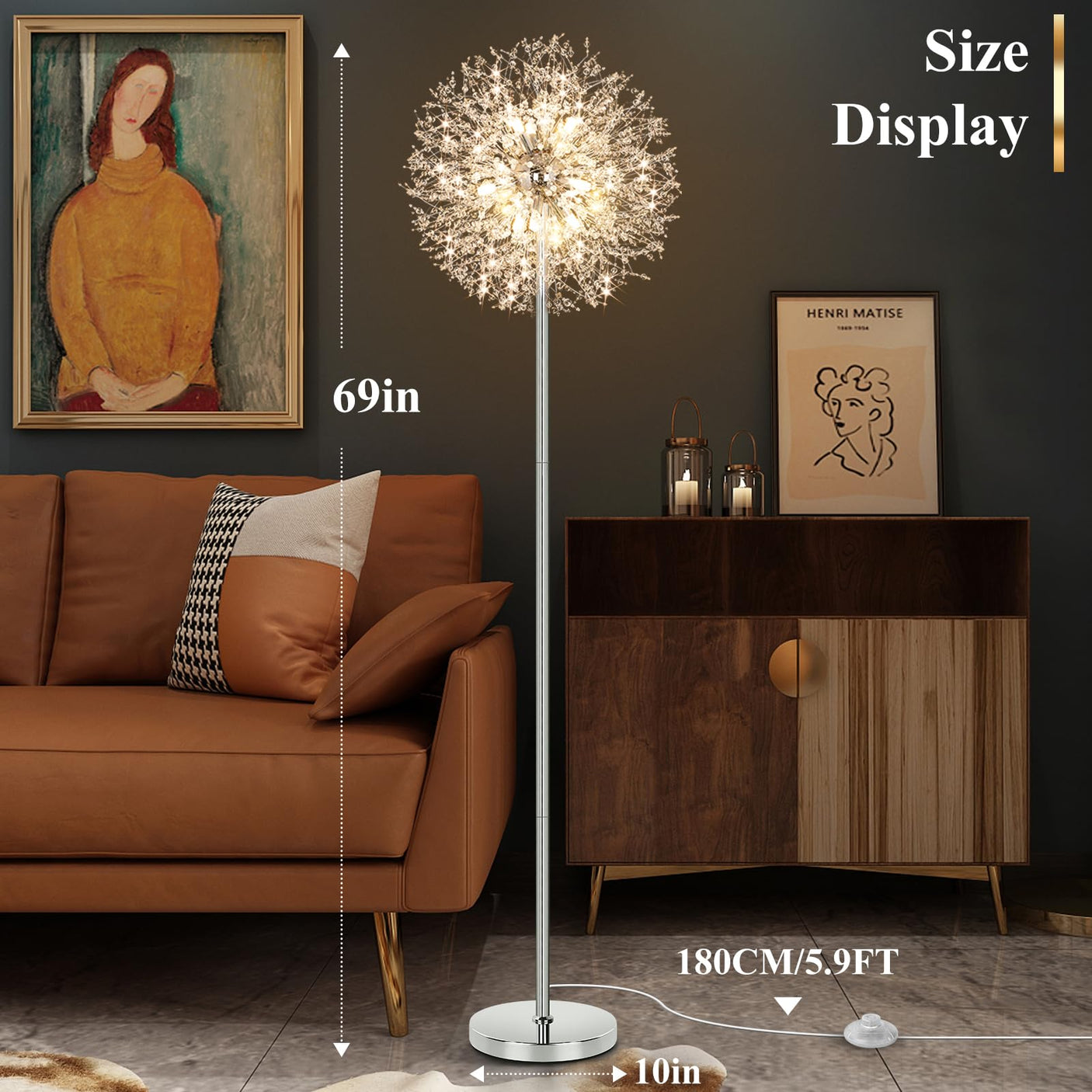 BesLowe 69'' Crystal Floor Lamp for Living Room, Modern Standing Lamp with 738PCS K9 Crystals, Tall Lamp Pole Light for Bedroom Office, Mid Century Gold Floor Lighting with 9 LED Bulbs, Antique Brass