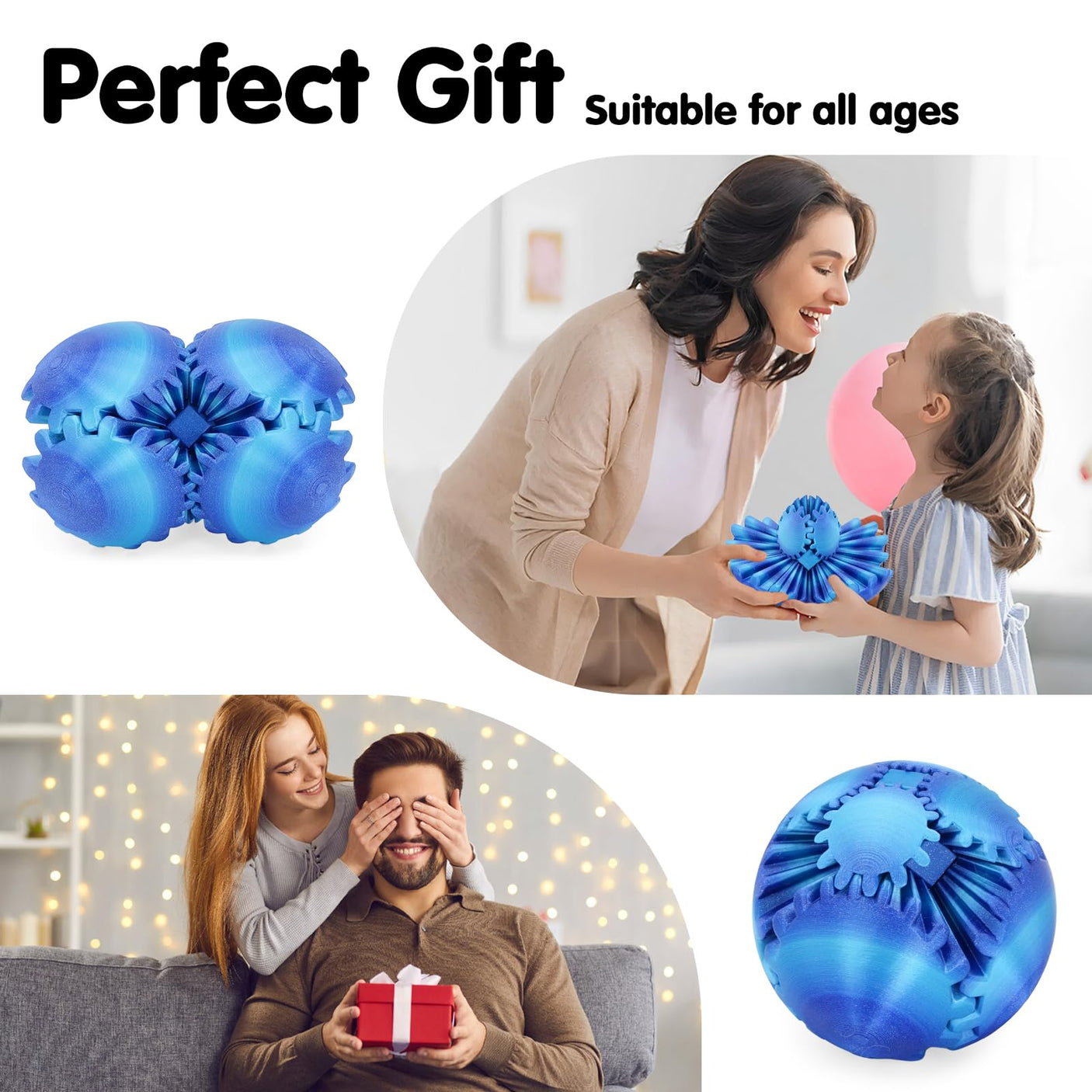 Gear Ball 3D Printed Cube Fidget Toy,Gear Sphere Fidget Toys,Sensory Toys for Stress and Anxiety Relief, Desk Toy Fidget Spinners,Stocking Stuffers for Adults & Kids Gift(Blue Green, 3.1 Inch)