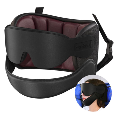 Airplane Pillow Combo with Chin Strap, Travel Pillows for Airplanes with Sleep Eye Mask, Plane Pillow for Long Flights, Car Road Trip, 360° Headrest, Stop Bobblehead, Black