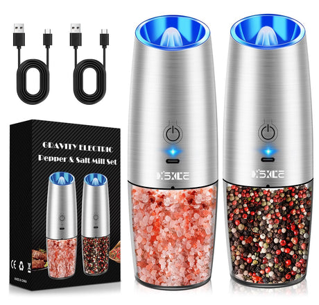 Gravity Electric Pepper and Salt Grinder Set, Salt and Pepper Mill & Adjustable Coarseness, Battery Powered with LED Light, One Hand Automatic Operation, Stainless Steel (Set/Silver)