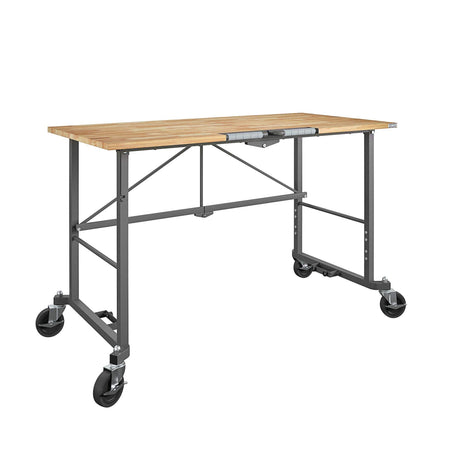 COSCO SmartFold Butcher Block Portable Workbench / Folding Utility Table (Hardwood Top, 700LB Total Weight Capacity, Locking Casters, Gray Steel Frame, 1 Pack)