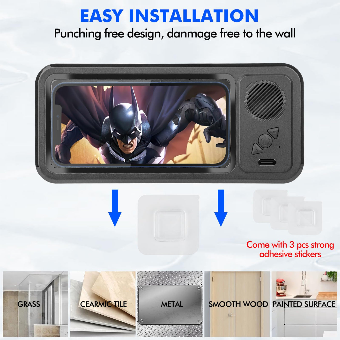 Shower Phone Holder with Wireless Bluetooth Speaker, Waterproof 480 Rotation Viewable Shower Phone Stand Case Mount Speakers for Bathroom Wall Mirro for 4"- 6.8" Cell Phones(Black)
