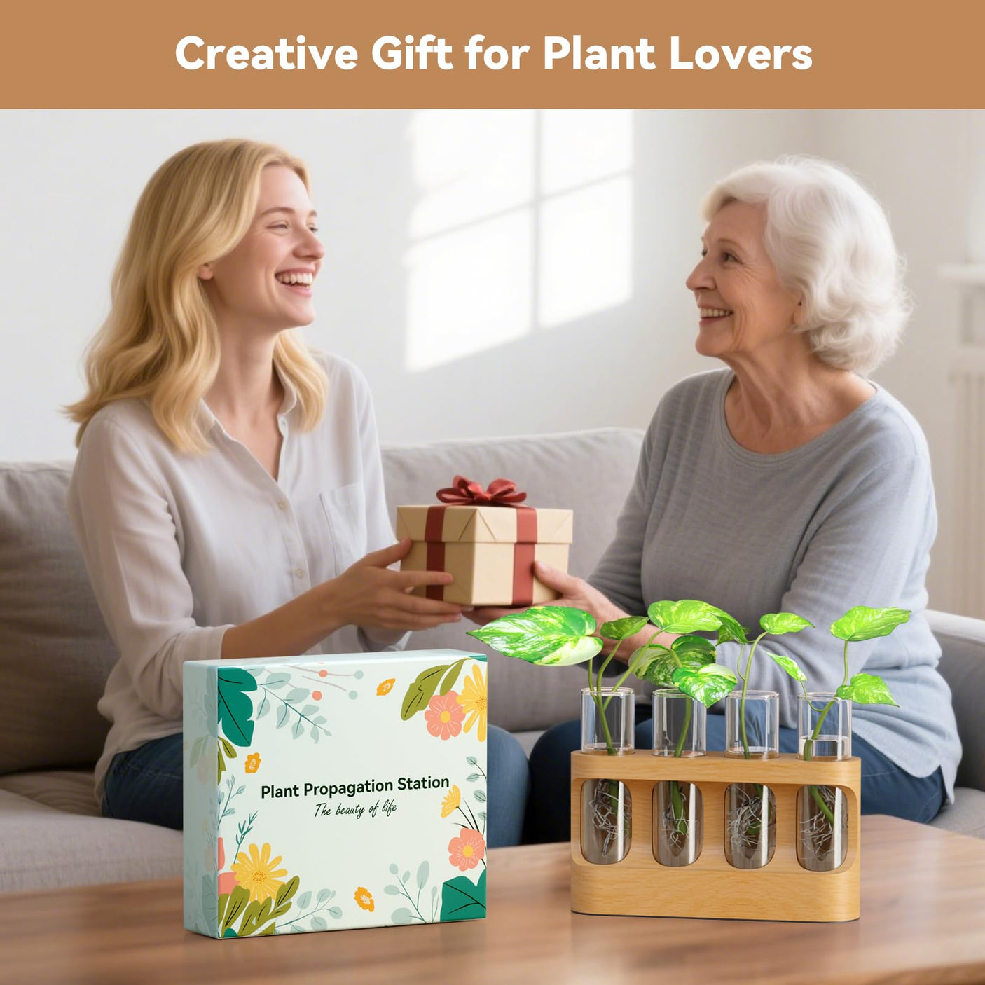 Plant Propagation Station with Wooden Stand, Gardening Gifts for Mom Women Plant Lovers, 9-Level Dimmable LED Light 4 Glass Test Tubes Vases for Hydroponic Plants - Desktop Terrarium for Desk Decor