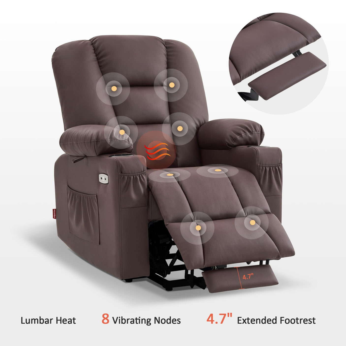 MCombo Power Lift Recliner Chair for Elderly, Lift Chair with Heat and Massage, USB Ports, Cup Holders, Faux Leather 7519 (Medium, Dark Brown)