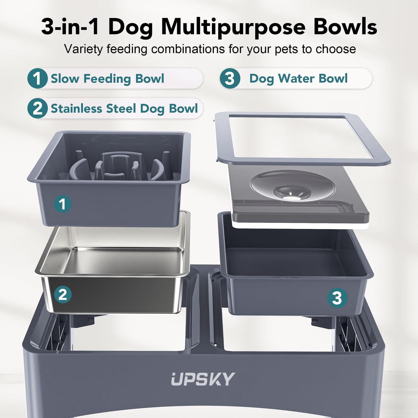 UPSKY 2-in-1 Elevated Dog Bowls Slow Feeder, 4 Height Adjustable Raised Bowls Stand, No Spill Dog Water Bowls, Anti-Slip Food and Water Bowl for Small Medium Dogs(Not Include Stainless Steel Bowl)