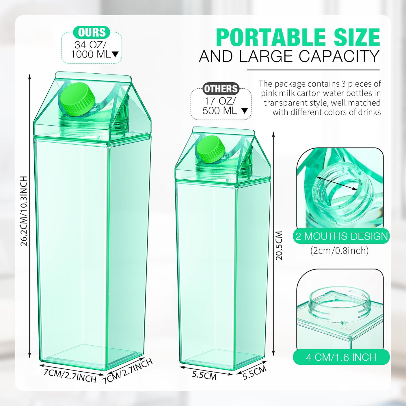Remerry 3 Pcs Milk Carton Water Bottle Square Plastic Coffee Portable Reusable Milk Carton Cup Leakproof Juice Bottle