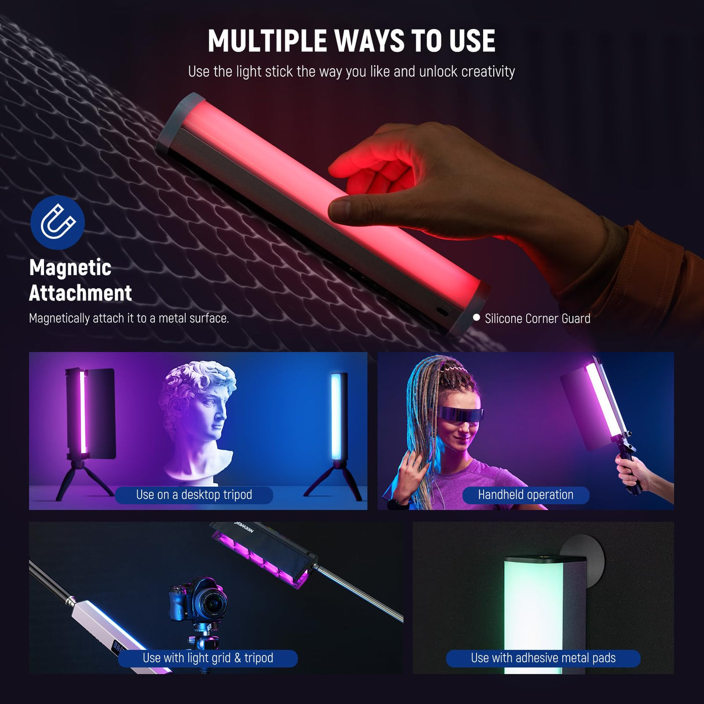 NEEWER RGB LED Video Light Stick, Touch Bar & APP Control, Magnetic Handheld Photography Lighting Wand, Dimmable 3200K~5600K CRI98+ Full Color LED Light with 6400mAh Battery, 17 Scenes, RGB1