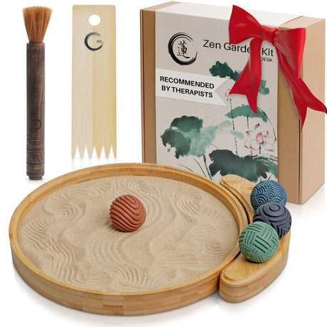 Japanese Zen Garden Kit for Desk - Premium Sand Garden - Mini Zen Décor Office Desktop Accessories - Bamboo Crafted Meditation Therapy Tray - Gift Set - 4 Stamp Spheres Natural Rake Custom Holder