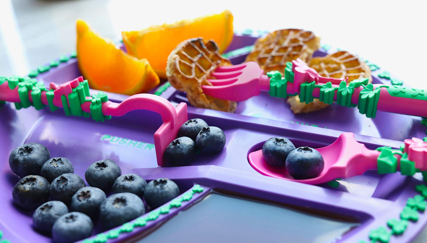 Constructive Eating Plate and Utensils Set - USA-Made Toddler Dinnerware with Divided Plates (Dinosaur)