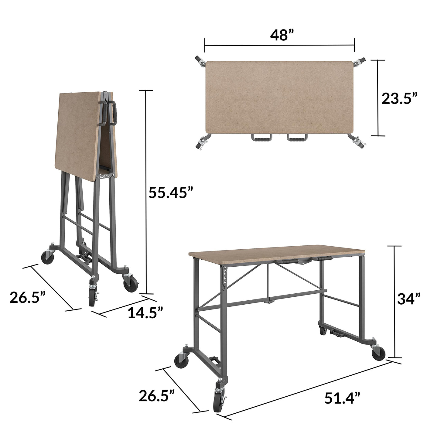 COSCO SmartFold Butcher Block Portable Workbench / Folding Utility Table (Hardwood Top, 700LB Total Weight Capacity, Locking Casters, Gray Steel Frame, 1 Pack)
