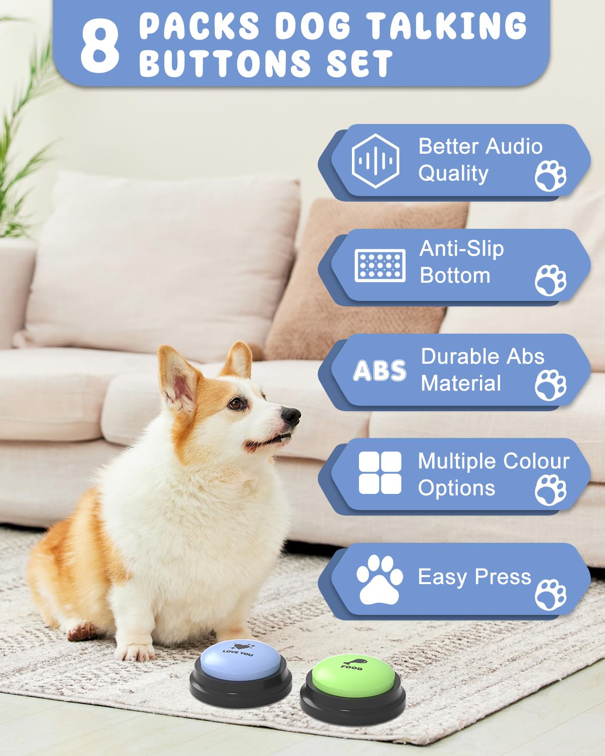 Dog Buttons for Communication, 8 Pcs Dog Talking Button Set, 30s Recordable Voice Pet Buzzer Training Buttons, Speaking Button for Dogs with Waterproof Anti-Slip Dog Button Mat and 48 Scene Stickers