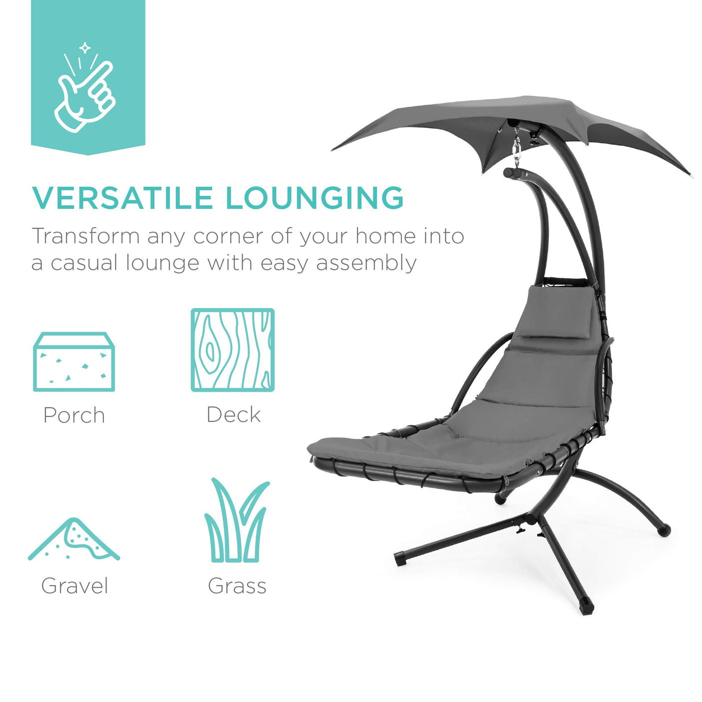 Best Choice Products Outdoor Hanging Curved Steel Chaise Lounge Chair Swing w/Built-in Pillow and Removable Canopy -Red