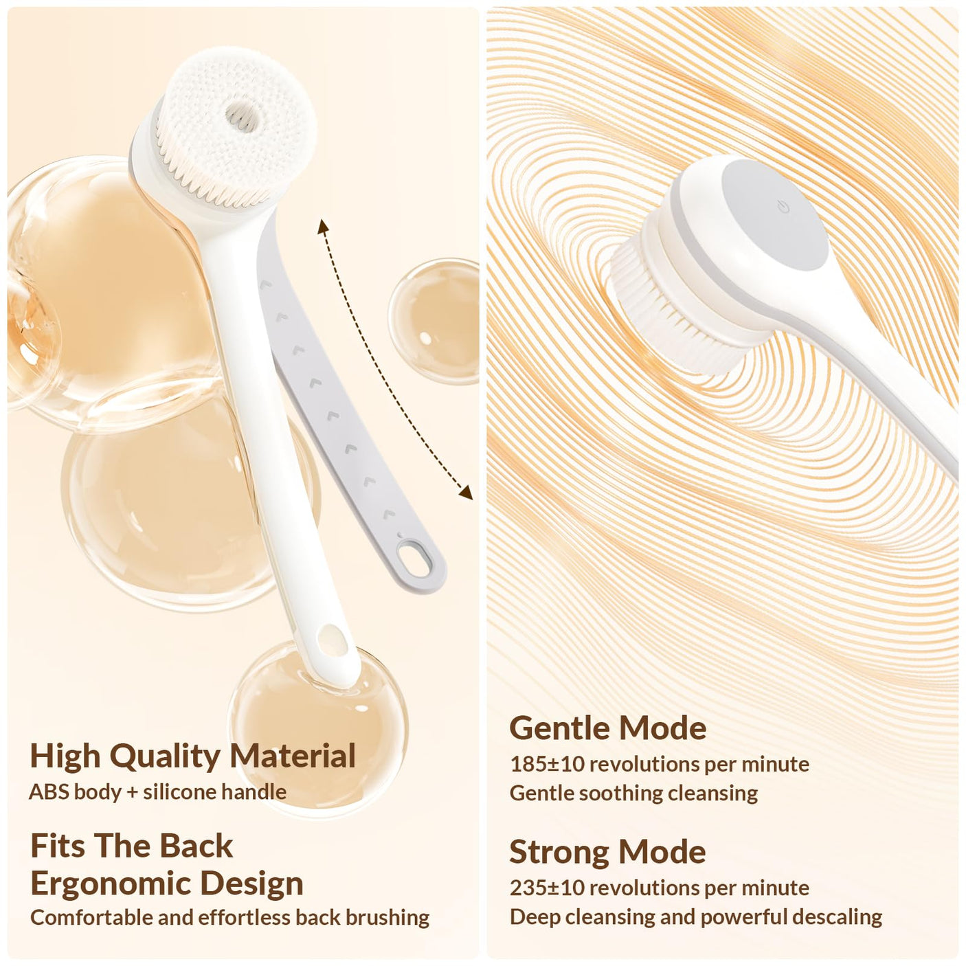 Electric Body Brush Back Scrubber for Shower, Waterproof Long Dual Handle Power Body Scrubber with 3 Heads, Rechargeable Bath Brush & 2 Speeds, for Cleansing, Exfoliating and Massaging Skin