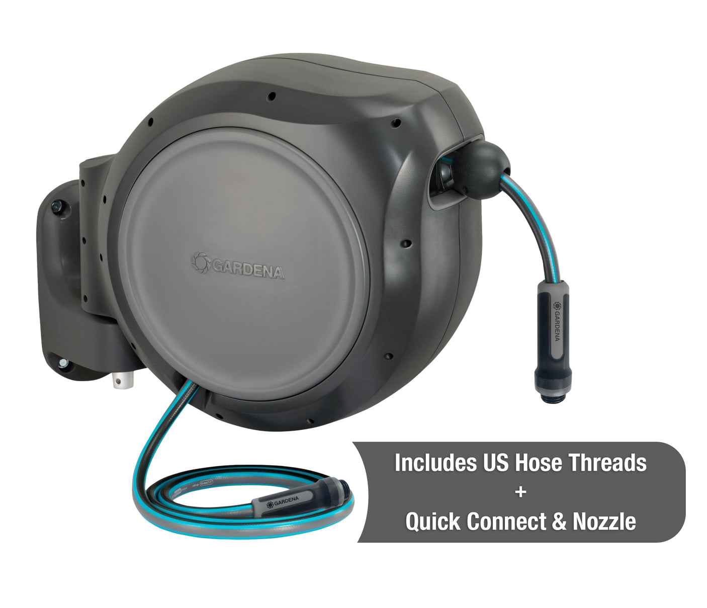 GARDENA 20505, 100' Retractable Garden Hose Reel with US Hose Threads - 100' x 1/2" hose, Automatic Retraction & Length Lock for Easy Watering. Heavy Duty Swivel Bracket 180°, Includes Nozzle.