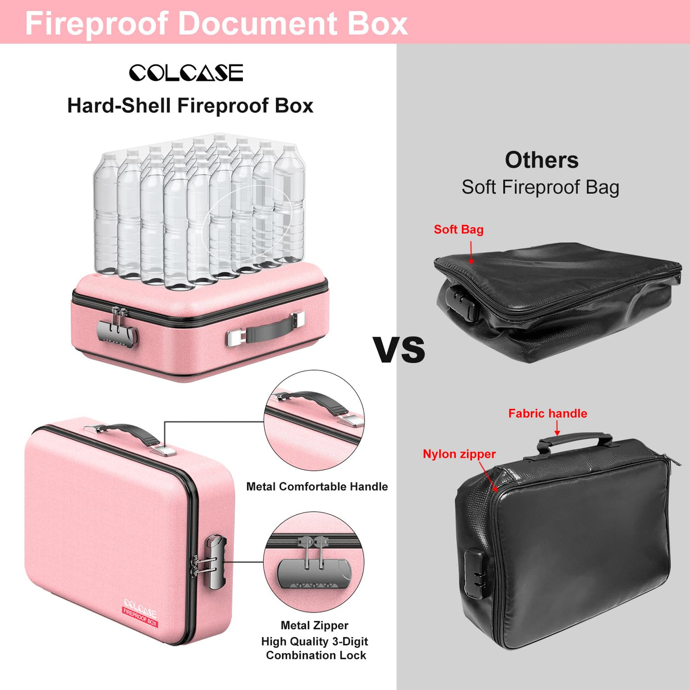 Fireproof Document Box, Hard Case Fireproof File Organizer with Lock Hard-Shell Design Fireproof Water Resistant Safe Box for Important Documents Certificates Laptop Passports Black