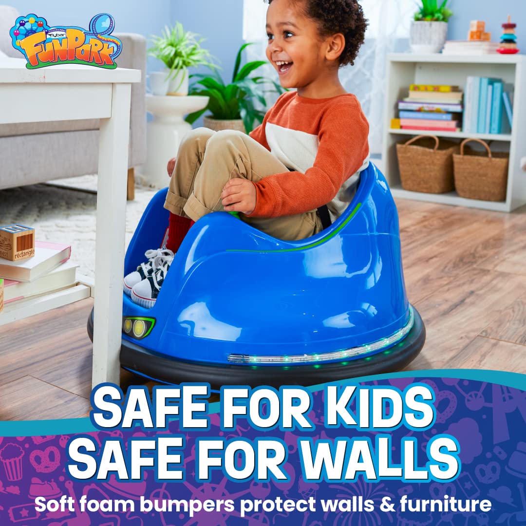 Flybar 6V Blue Glow Bumper Car for Kids – LED Ride-On Toy with 360° Spin, Rechargeable Battery, and Soft Rubber Bumpers – Safe Indoor Fun for Toddlers Ages 1.5+, Up to 66 lbs