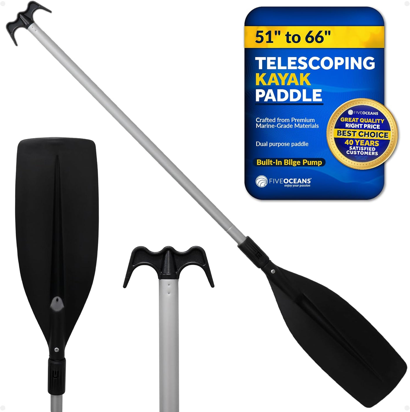 Five Oceans Canoe Paddle - Telescopic Paddle and Hook with Bilge Pump Function, Boat Paddle for Boats - Telescoping from 4.25 Ft. (51-inch) to 5.5 Ft. (66-inch) - FO4718