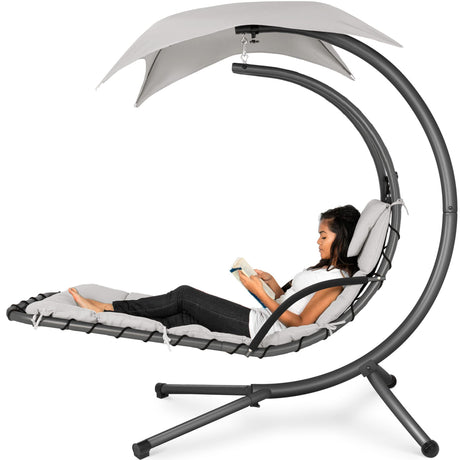 Best Choice Products Outdoor Hanging Curved Steel Chaise Lounge Chair Swing w/Built-in Pillow and Removable Canopy -Red