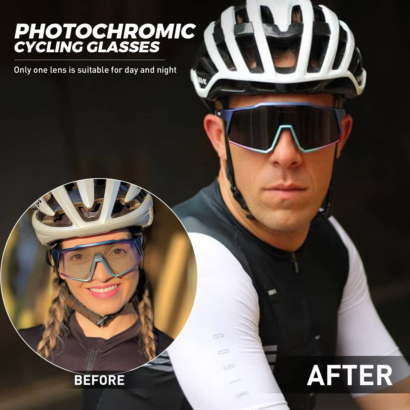 KAPVOE Photochromic Cycling Glasses MTB Clear Mountain Bike Transition Bicycle Sunglasses for Men Women - K9022