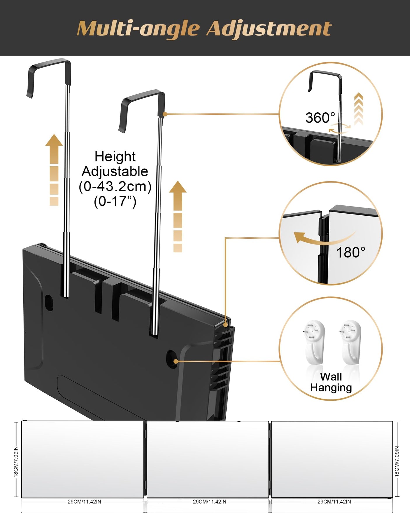 JUSRON 360 Viewing Angle Self Hair Cutting Mirror, Clear Anti-Fog HD Glass (Black Without LED Without Accessories)