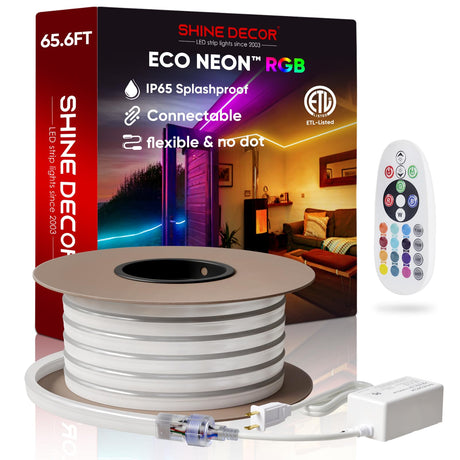 Shine Decor LED RGB Neon Rope Lights AC 120V, Expandable & Cuttable Bright Strip Lighting with Remote, Dimmable Color Changing, ETL Cold-Resistant & IP65 Waterproof for in&Outdoor, 10x20mm, 131.2FT
