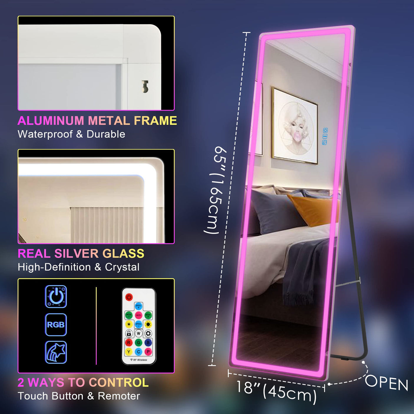 LVSOMT LED RGB Full Length Mirror, Full Body Mirror with Lights, Wall Mounted Lighted Mirror, Over The Door Hanging Mirror, 14 LED Light + Dimmable Brightness + Adjustable Speed, 47" x 16"