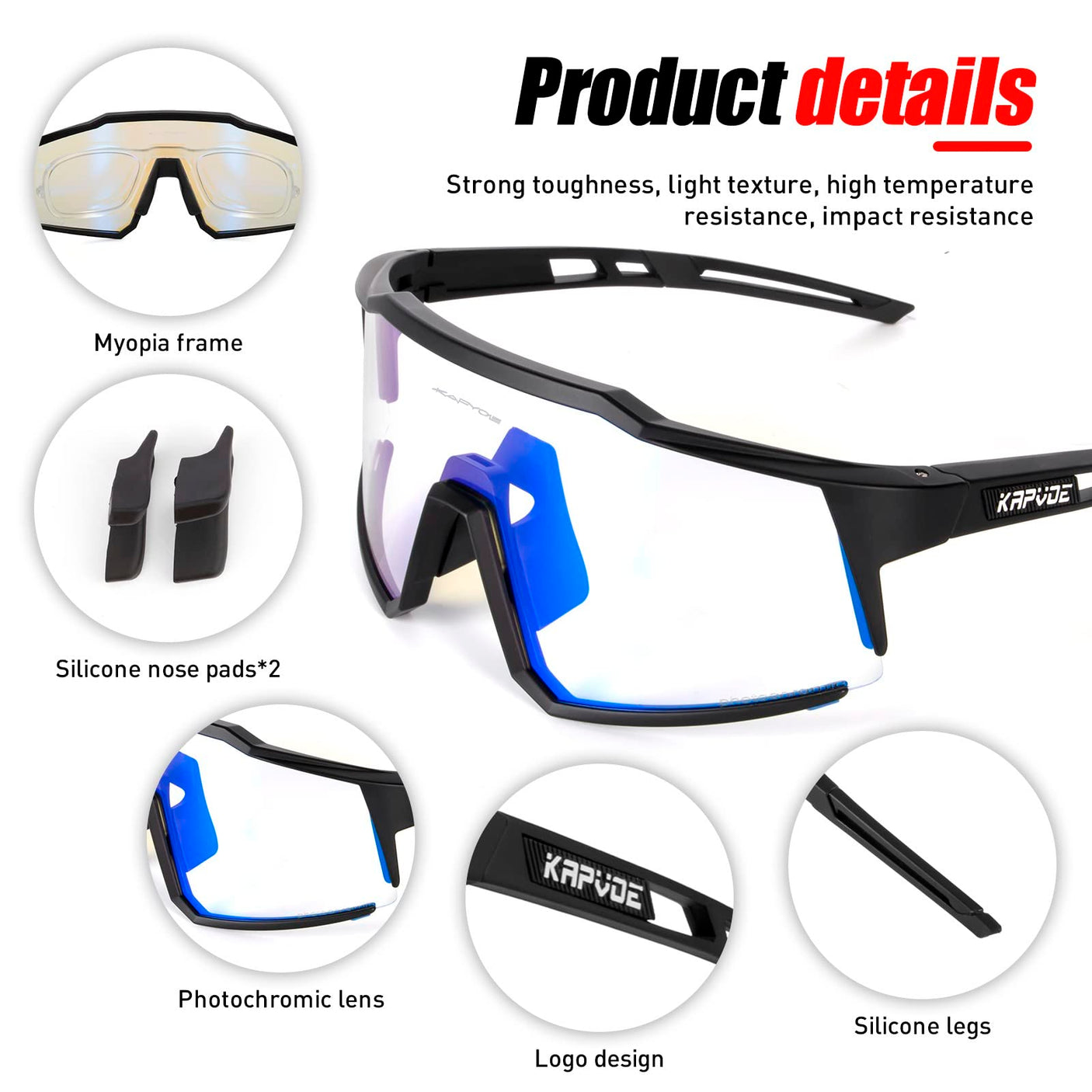 KAPVOE Photochromic Cycling Glasses MTB Clear Mountain Bike Transition Bicycle Sunglasses for Men Women - K9022