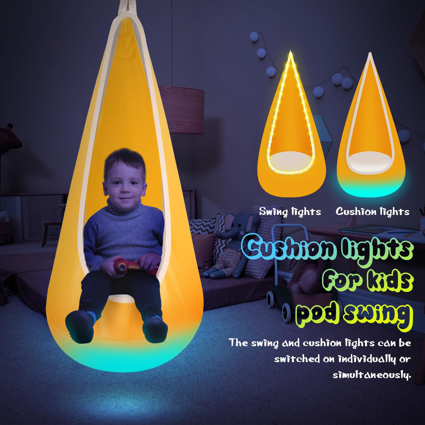 Light Up Kids Pod Swing Seat, Upgraded Kids Hanging Hammock Swing with LED Lights, Cotton Sensory Pod Swing Chair with Inflatable Pillow, Pod Swing for Kids Indoor & Outdoor (1 PCS) (Blue)
