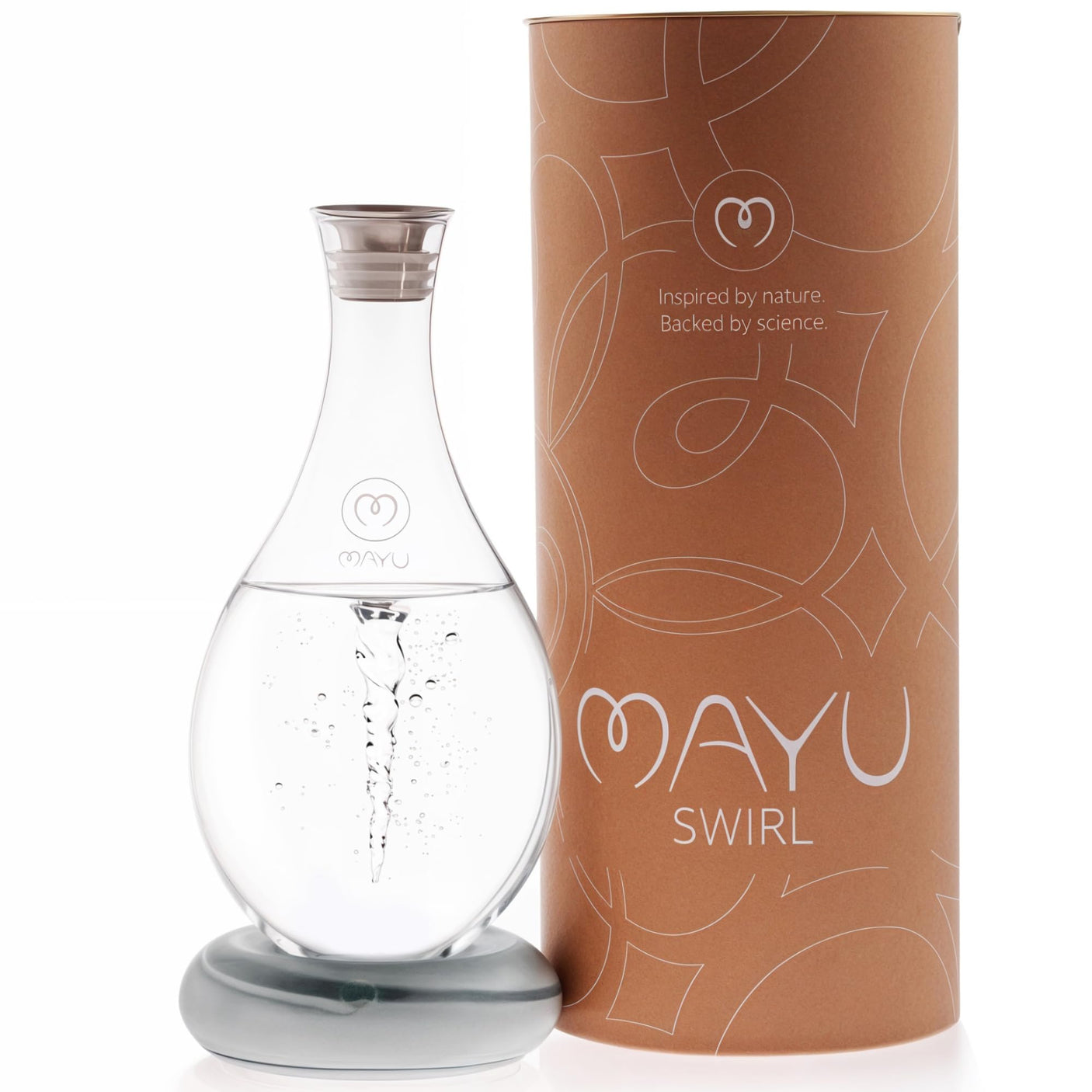 MAYU Swirl Carafe | Hand-Blown Glass – Enhances Oxygenation & Taste, Creates Structured Water w/Natural Swirl, BPA-Free Lid, Ideal as Bedside Carafe & Filter Pitcher Alternative | 51 oz (Earth Base)