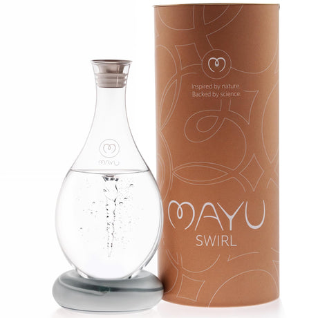 MAYU Swirl Carafe | Hand-Blown Glass – Enhances Oxygenation & Taste, Creates Structured Water w/Natural Swirl, BPA-Free Lid, Ideal as Bedside Carafe & Filter Pitcher Alternative | 51 oz (Earth Base)