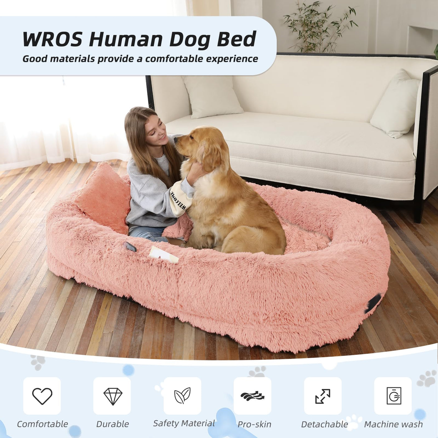 Human Dog Bed, Large Dog Beds for Humans Size Fits You and Pets, Washable Faux Fur Orthopedic Human Pet Bed for People Doze Off, Napping, Present Pillow, Blanket, Strap - Khaki