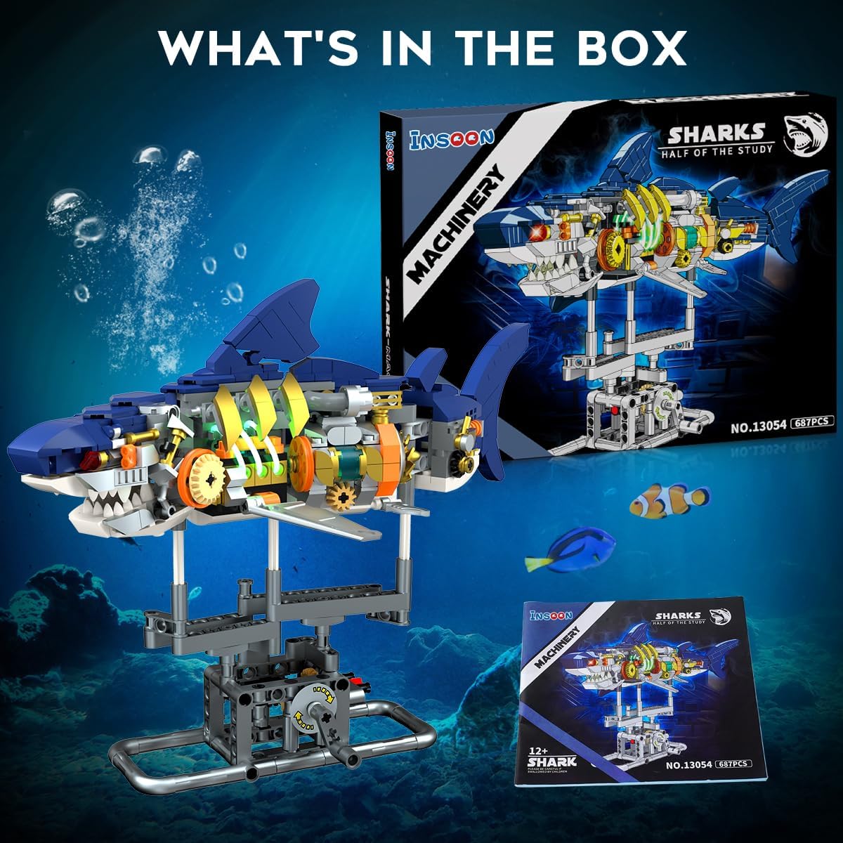 Mechanical Shark Building Set with LED Light, 687 PCS Movable Ocean Animal with Display Stand, Sea Fish Building Block Toy, Home Decor Gift for Adults Teens Kids Boys Ages 12+
